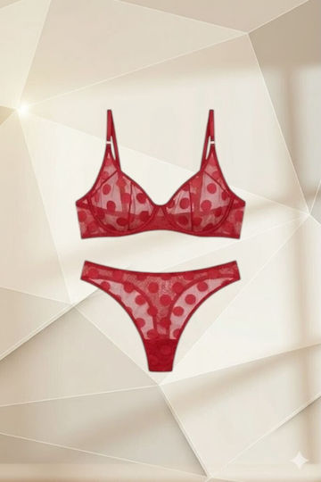 Women's Plus Size Lingerie Set Bra with Transparency & Large Polka Dot String Slip – Red