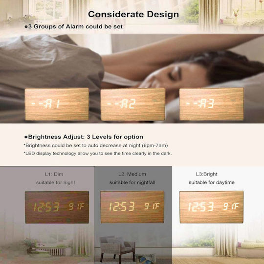 Uncle George Wooden Digital LED Table Clock with Alarm Beige 01.06.04-0005-MPEZ (Various Colors)
