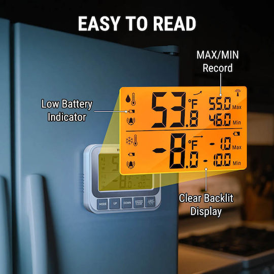 Thermo Pro Asyrmato Digital Thermometer Psychiou Wireless Fridge Freezer Thermometer 40°C–70°C Dual Sensors Temp Alert Backlit Tp210b