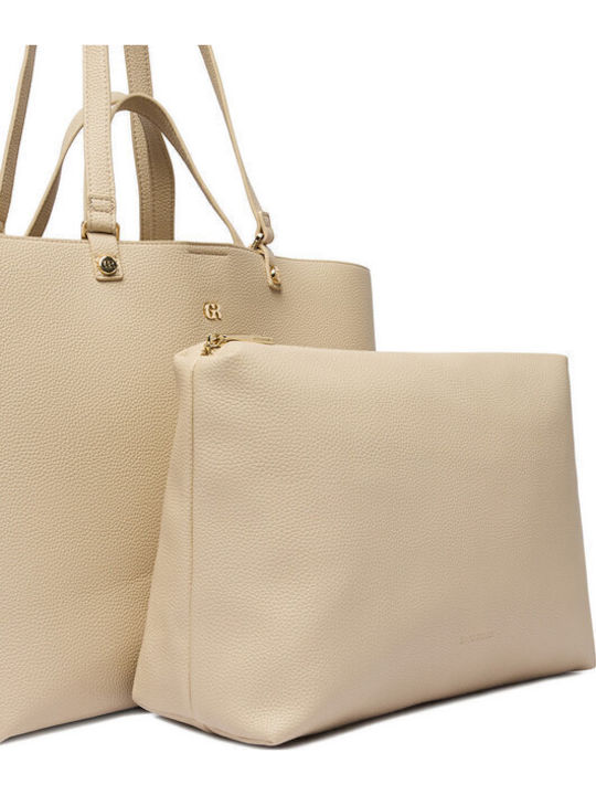 Stoff Damen Schultertasche in Creme