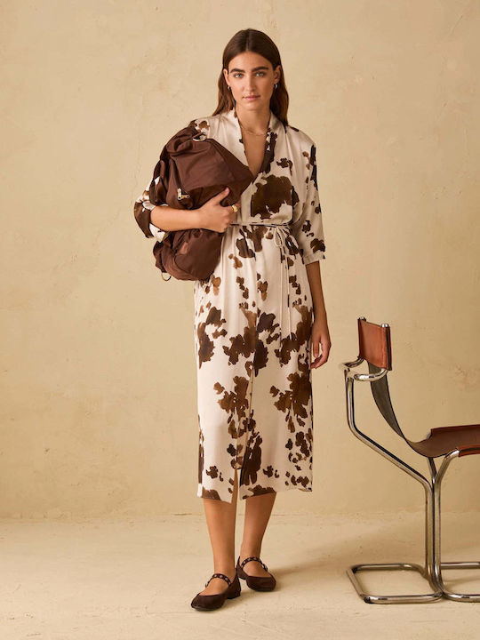Midi Shirt Dress Satin Ecru/Brown