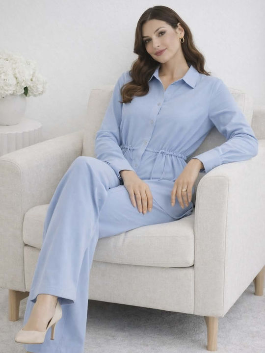 Women's Light Blue Set with Pants with Elastic in Loose Fit