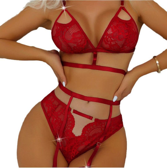 Set 3 Stück Sexy Dessous-Sets Aus Spitze BH Straps String Rot