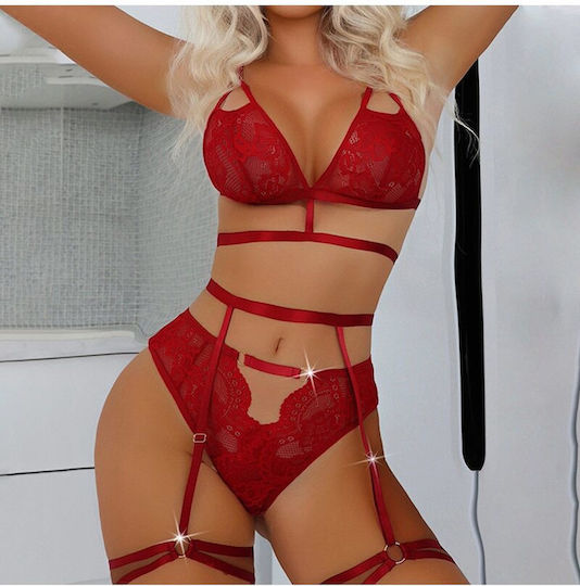 Set 3 Stück Sexy Dessous-Sets Aus Spitze BH Straps String Rot
