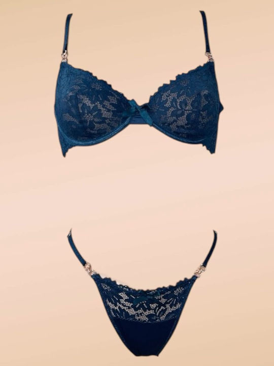 Dantelat Set de Lenjerie Sutien cu Slip Petrol