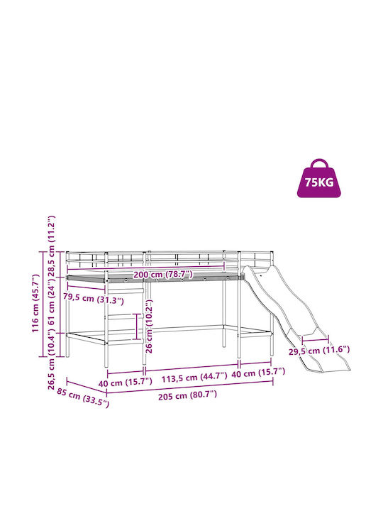 Pat pentru Copii Cușeta Single Negru pentru Saltea 85x205cm