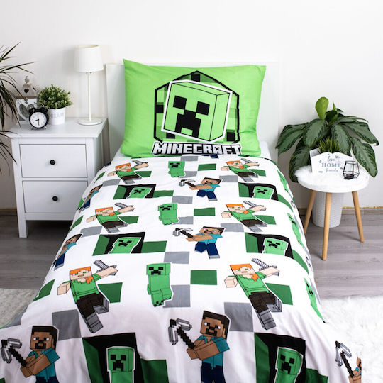 Minecraft Комплект Детска Завивка Единична с Калъфка Зелен 140x200см