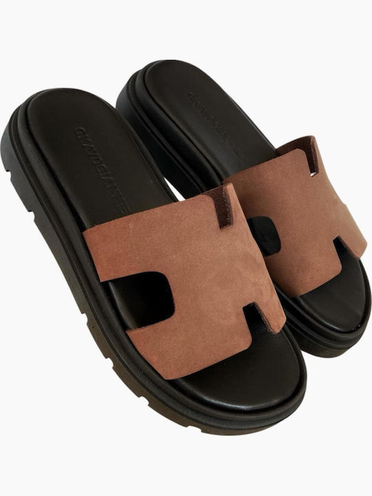 Leather Women's Flat Sandals Flatforms in Brown Color