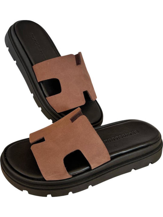 Leather Women's Flat Sandals Flatforms in Brown Color