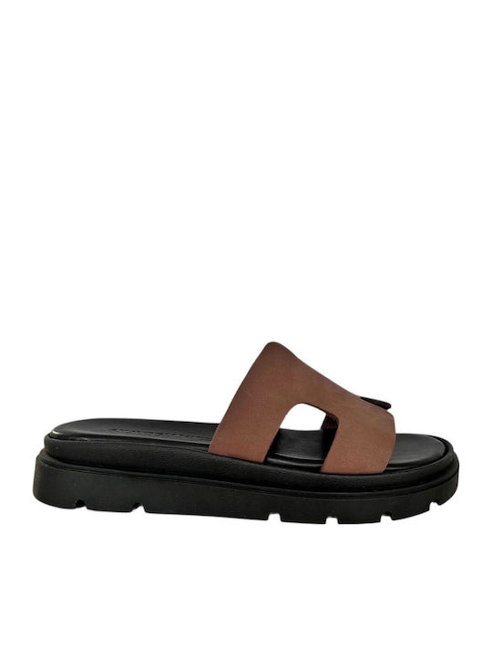 Leather Women's Flat Sandals Flatforms in Brown Color