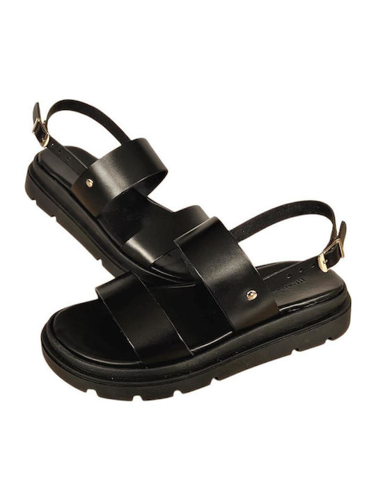 Leather Women's Flat Sandals Flatforms in Black Color