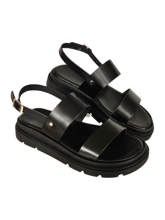 Leather Women's Flat Sandals Flatforms in Black Color