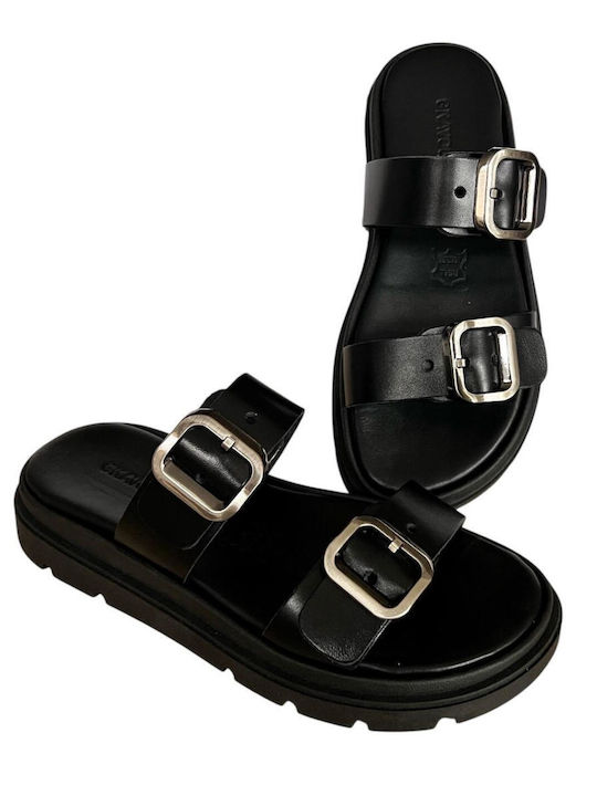 Leather Women's Flat Sandals Flatforms in Black Color