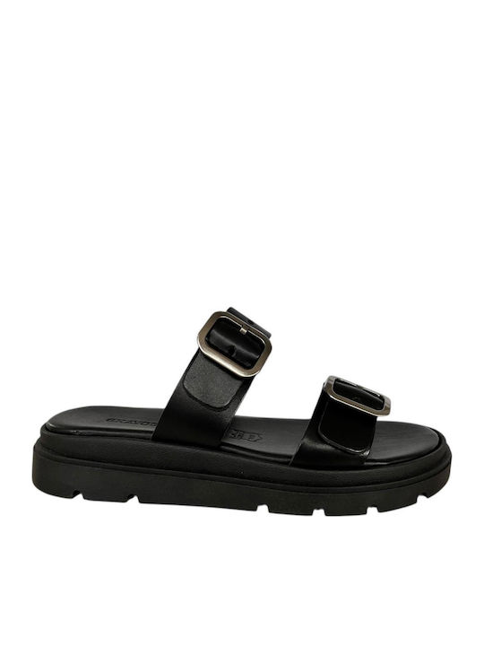 Leather Women's Flat Sandals Flatforms in Black Color