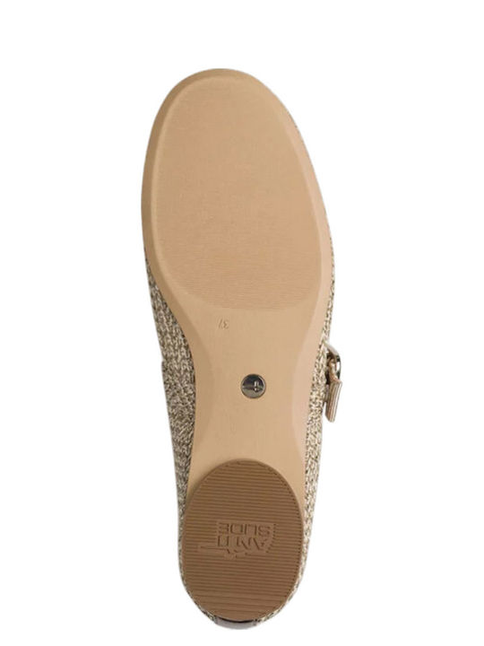 Fabric Pointy Ballerinas With strap Gold