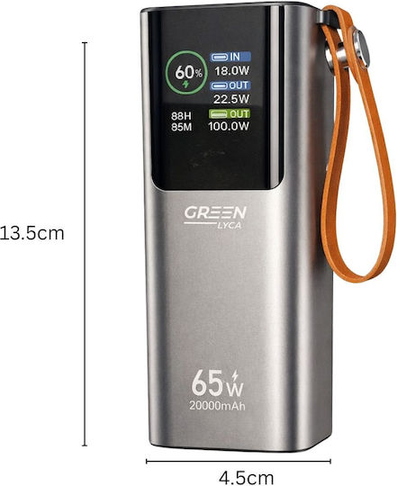 Green Lyca Power Bank 20000mAh 65W με Θύρα USB-A και Θύρα USB-C Ασημί