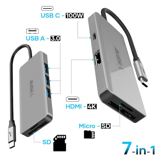 Akashi USB-C Docking Station με HDMI PD Γκρι (ALTHUB7IN1TC)