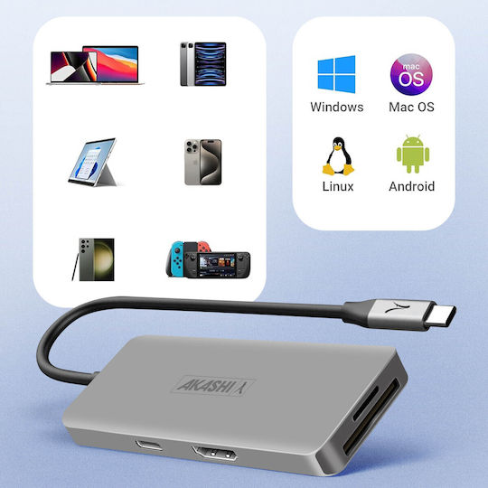 Akashi USB-C Docking Station με HDMI PD Γκρι (ALTHUB7IN1TC)