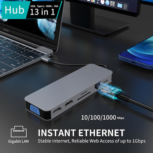 Luvlu USB-C Docking Station με HDMI 4K PD Ethernet και σύνδεση 2 Οθονών Γκρι