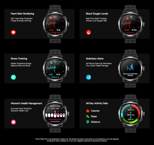 Ulefone Armor Watch Pro 48mm με Παλμογράφο (Μαύρο - M/L)