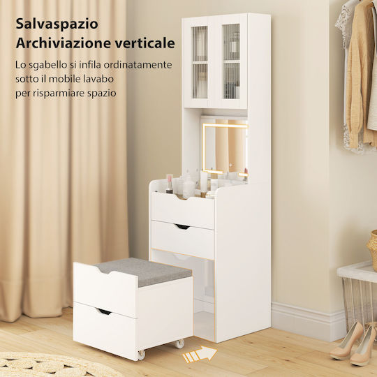Bodenstehende Schminktisch Schlafzimmer Holz Weiß mit Spiegel & Hocker 50x40x160cm