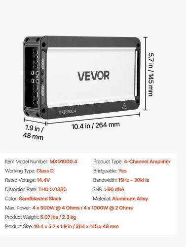 Vevor Car Audio Amplifier 4-channel Bridgeable Car Amplifier Multichannel Class D Stereo Amp Max 4 X 500w At 4 Ohms 4 X 1000w At 2 Ohms High Output Suvs Pickups Off-road Vehicles