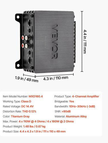 Vevor Car Audio Amplifier 4 Channels Bridgeable Multichannel Class D Stereo Output Max 4 X 110w at 4 Ohms 4 X 160w at 2 Ohms High Performance SUVs & Off Road Vehicles 4tddl4x80wrm9nb6l001v9