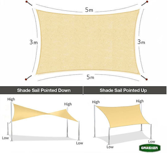Grasher Ορθογώνιο Πανί Σκίασης Μπεζ με Κρίκους 3x5m 180gr/m²