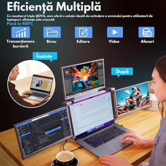 Monitor Portabil Extensibil Pentru Laptop Qova Ecran Quad 14 Inch 3 Ecrane Ips Full Hd 1080p Pliabil Rotativ 360° Compatibil Windows Macbook Suport Reglabil Compatibil Laptopuri 13.6" 17.3" Reglare Luminozitate Geantă