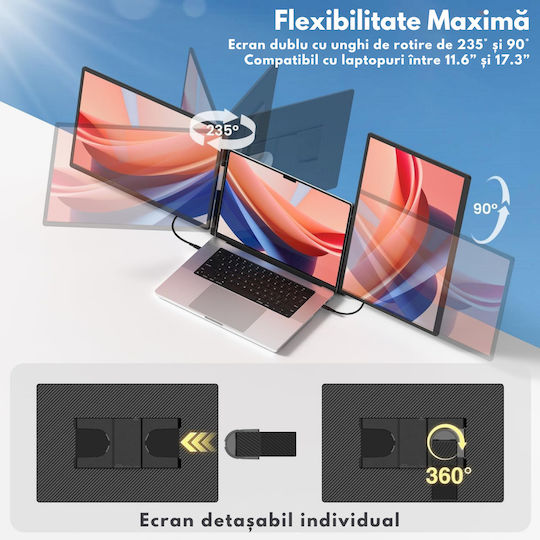 Monitor Portabil Extensibil Laptop Qova 16 Inch Extensie Ecran Dual Ips 1920x1200 Srgb 120% Ecran Mare 16:10 Compatibil Laptopuri 11.6"-17.3" Pliabil Compatibil Ios Android Windows Mac Usb-c Hdmi Port Plug Play