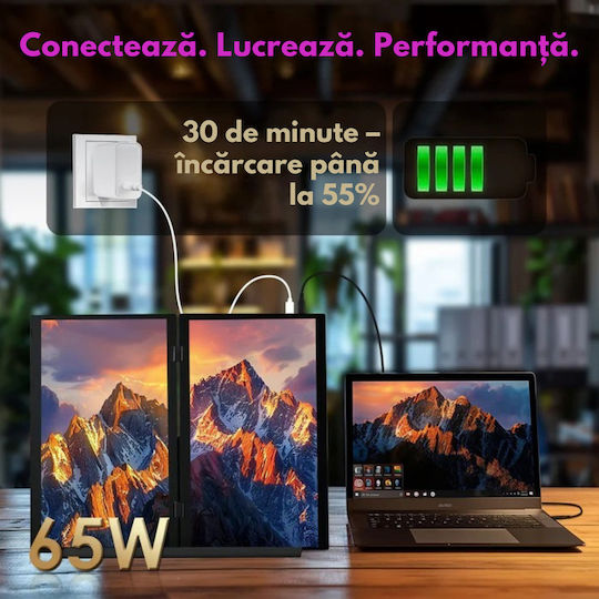 Monitor Portabil Pliabil Dual 15,6 Inch Fhd Laptop Extensor Ecran 1080p Qova Rotire 360° Usb-c Ecran Extensibil Laptop Încărcare Rapidă 65w Moduri Vertical Orizontal Compatibil Windows Mac Android Plug Play 100% Srgb