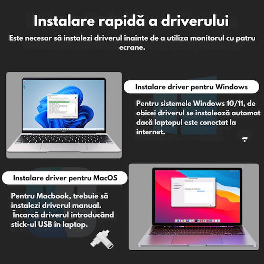 Monitor Portabil Extensibil Triplu Laptop Qova Ecran Quad 16 Inch 3 Ips 16:10 Ecrane Full Hd 1200p Pliabil Rotativ 360° Compatibil Windows Macbook Suport Reglabil Compatibil Laptopuri 12"-18,5" Srgb 100% Geantă Inclusă