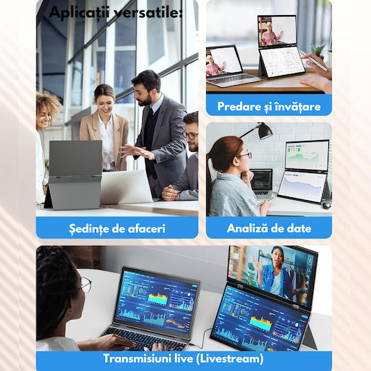 Monitor Portabil Pliabil Dual 15,6 Inch Fhd Laptop Extensor Ecran 1080p Qova Rotire 360° Usb-c Ecran Extensibil Laptop Încărcare Rapidă 65w Moduri Vertical Orizontal Compatibil Windows Mac Android Plug Play 100% Srgb