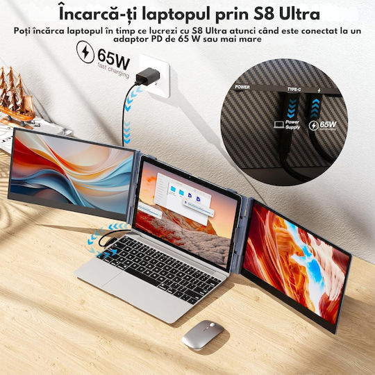 Monitor Portabil Extensibil Laptop Qova 14 Inch Extensie Ecran Dual Ips Full Hd 1920 × 1080 100% Srgb 300 Nits Ecran Mare 16:9 Extensor Ecran Compatibil Laptopuri 11.6–15.7” Pliabil Compatibil Ios Android Windows Mac