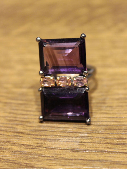 Natural 28ct Amethyst Tourmaline Silver Ring Size 16