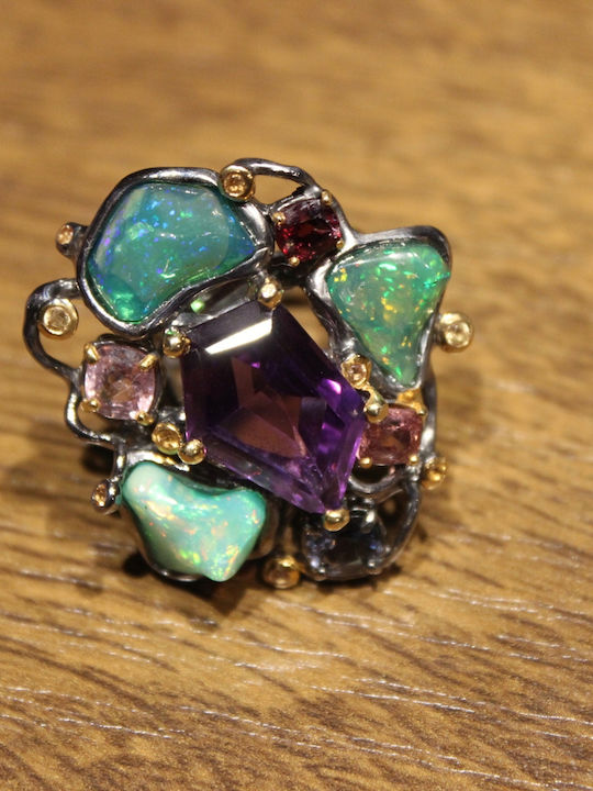 Artistic Silver Ring Amethyst Opals Garnet Size 14.5