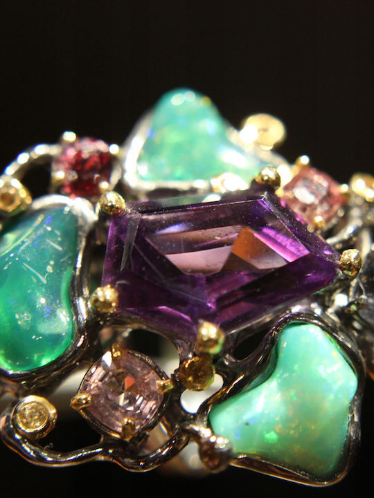 Artistic Silver Ring Amethyst Opals Garnet Size 14.5