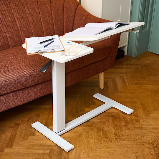 Măsuță Reglabilă pe Înălțime cu Ridicare Pneumatică 80x40 Cm Blat în Două Părți Înclinabil + Spațiu de Depozitare Rabatabil Roți 66–90 Cm Bază în Formă de C Pat Canapea Onuvio Alb