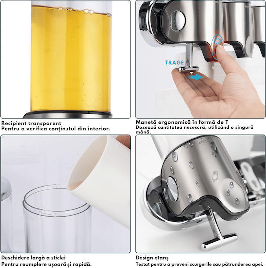 Dozator Triplu Pentru Săpun Șampon Balsam Instalare Fără Găurire Montat Pe Perete – Organizator Reîncărcabil 3 Sticle 450 Ml Oțel Inoxidabil Cârlige Duble Accesorii Baie – Dasbo