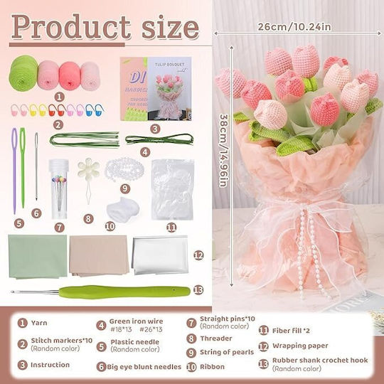 Komplet Für Anfänger Und Fortgeschrittene Bastelset Für Häkeln Verschiedenes Bastelbedarf Zubehör Faden Werkzeuge Anleitung Inklusive Dekoratives Modell Handgemachter Blumenstrauß Tulpen Rosa 38 X 26 Cm