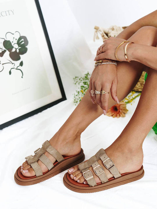 Beige Suede Flatforms Triple Adjustable Straps