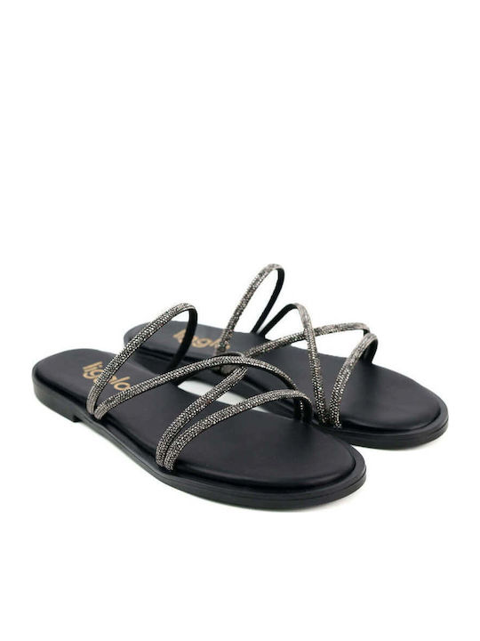 Black Slippers Made In Greece Glitter Straps
