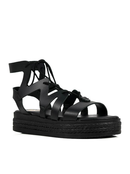 Черни Lace Up Кожени Flatforms С Връзки