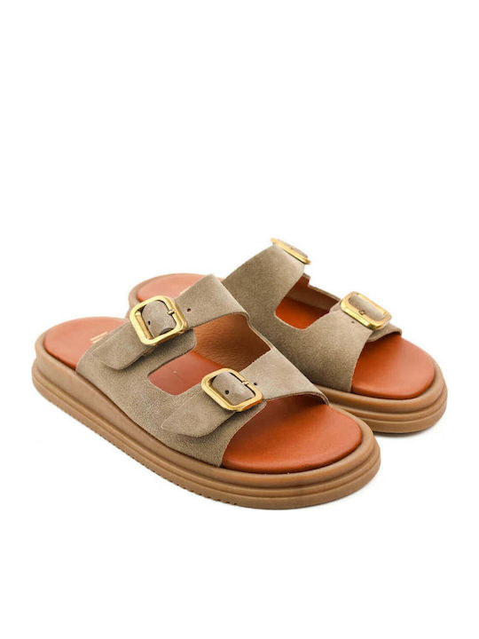 Beige Flatforms Mit Doppelten Riemen Und Metallische Schnallen