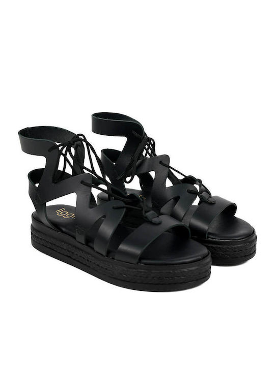 Черни Lace Up Кожени Flatforms С Връзки