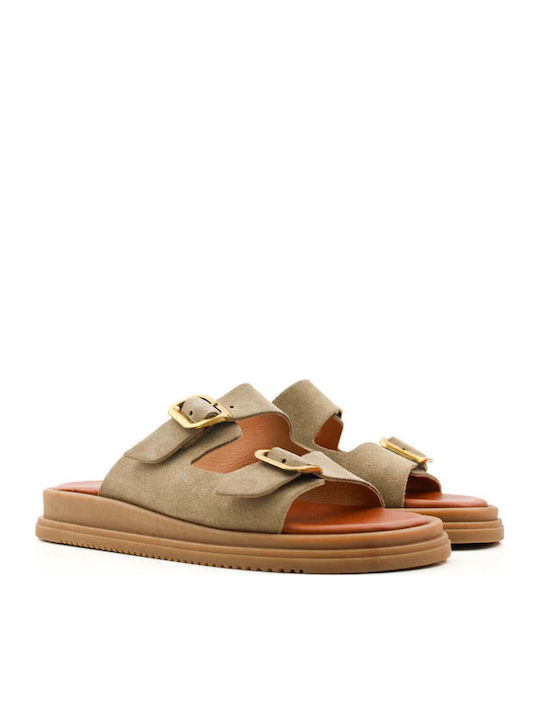 Beige Flatforms Mit Doppelten Riemen Und Metallische Schnallen