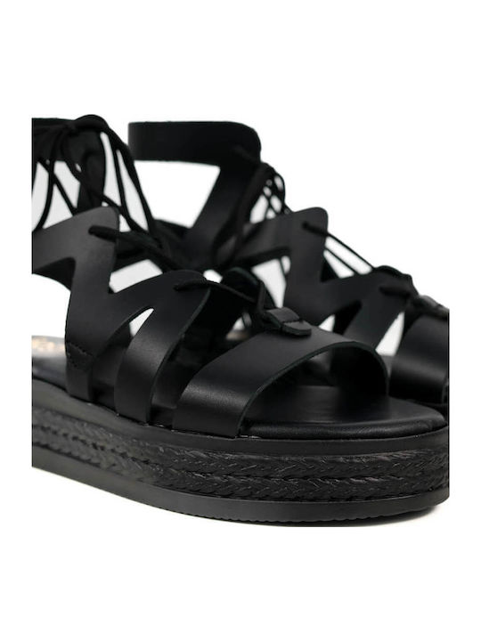 Черни Lace Up Кожени Flatforms С Връзки
