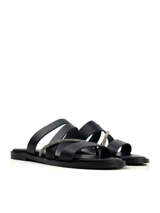 Black Slippers Wide Straps Rhinestone Strip
