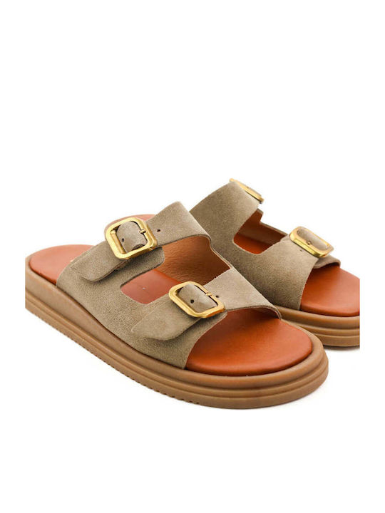 Beige Flatforms Mit Doppelten Riemen Und Metallische Schnallen