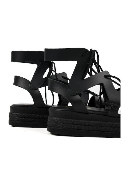 Черни Lace Up Кожени Flatforms С Връзки